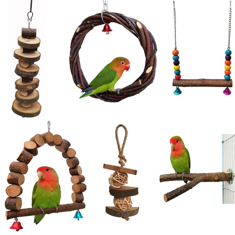 alfyng 6 Pack Parrots Bird Chewing Swing Toys, Parrot Hanging Bell Perches, Birds Hammock Wooden Cage Stands for Small Parakeets, Cockatiels, Conures, Love Birds, Finches and Other Small Animals - Image 1